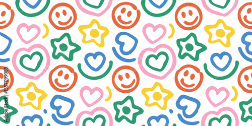 Cheerful Doodle Pattern: A vibrant pattern bursting with colorful smiles, hearts, and stars, offering a cheerful and playful aesthetic that brightens any design or project. 