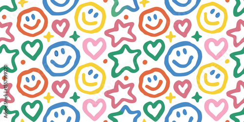 Cheerful Doodle Pattern: A whimsical collection of hand-drawn smile faces, hearts and stars in an array of vibrant colors. conveying joy, playfulness and lightheartedness. 