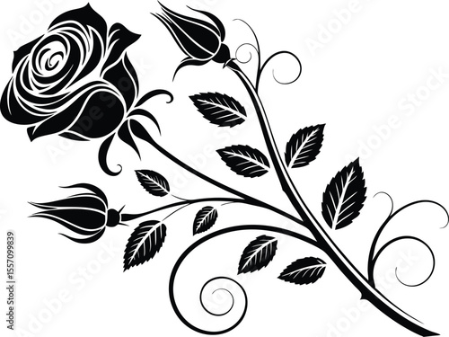 Personalized car stickers, a black petaled flower, a drawing of a rose, a leaf, a branch