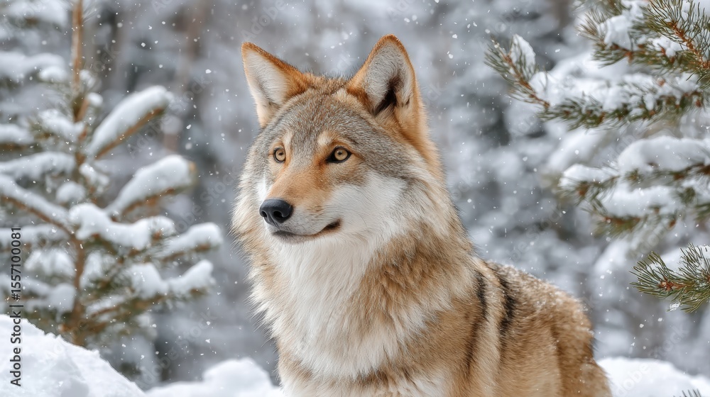 Portrait of a majestic wolf as snowflakes gently fall, its high fidelity features against the snowy forest backdrop in winter season. Portrait of a majestic wolf as snowflakes gently fall, its high fidelity features against the snowy forest backdrop in winter season.