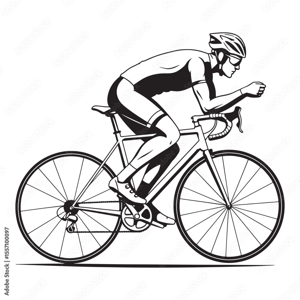 Naklejka premium Athletic cyclist racing on a road bike in a bold black and white illustration