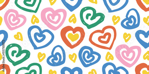 Colorful Hearts: A vibrant display of hand-drawn hearts in a repeating pattern. Capturing the essence of love, joy, and warmth. Perfect for expressing feelings.