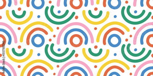 Colorful Arc Pattern: A vibrant and playful graphic design featuring a repeating pattern of colorful arcs, creating a cheerful and dynamic visual composition.