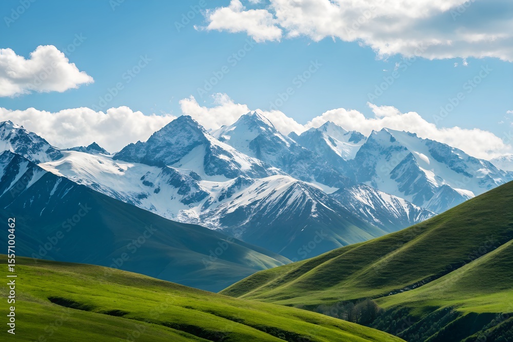 Fototapeta premium Scenic Snow-Capped Mountains with Green Rolling Hills under Blue Sky