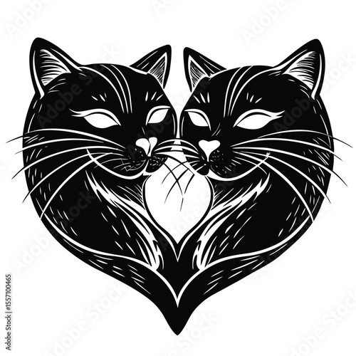 Two black cats nuzzling forming heart shape love