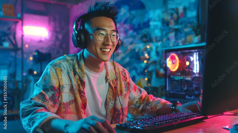 Obraz premium Playing video games on smartphone. Young asian handsome man sitting on chair holding cellphone in his hand. Exited streamer wearing headset in neon room .Esport streaming game online.
