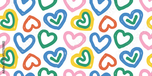 Colorful Heart Pattern: A cheerful seamless pattern featuring hand-drawn hearts in a variety of vibrant colors, perfect for adding a touch of playful romance to any project.
