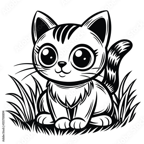 Adorable kitten sitting in grass cartoon cute