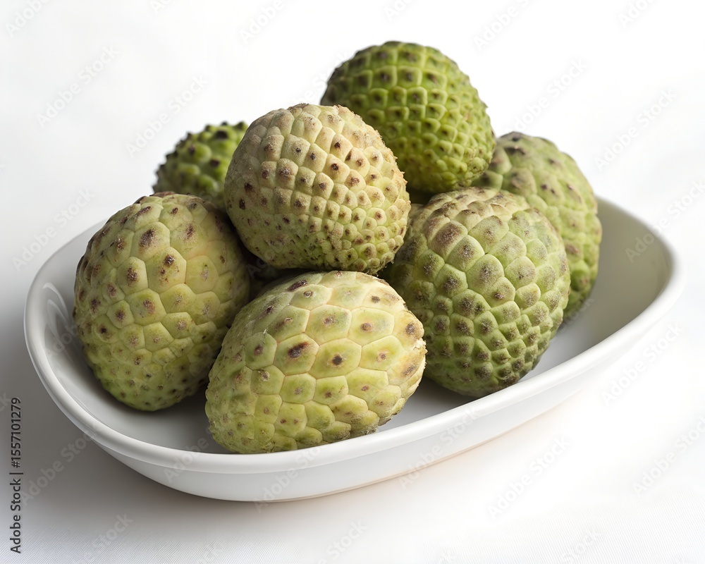 Fototapeta premium Plate Full of Whole Monstera Fruits on White Background