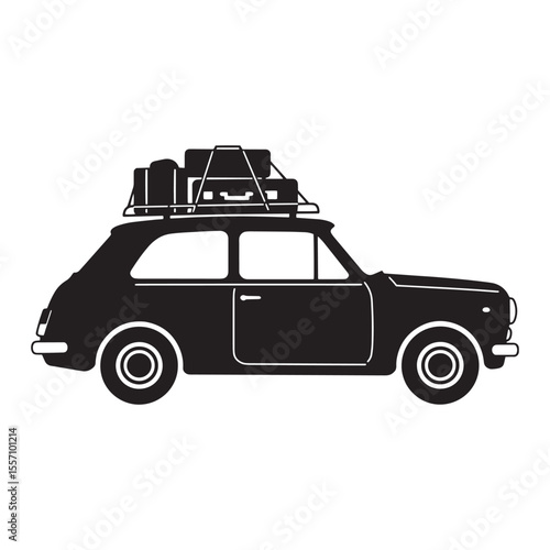 Black and white illustration of a vintage car ready for a road trip vacation with luggage