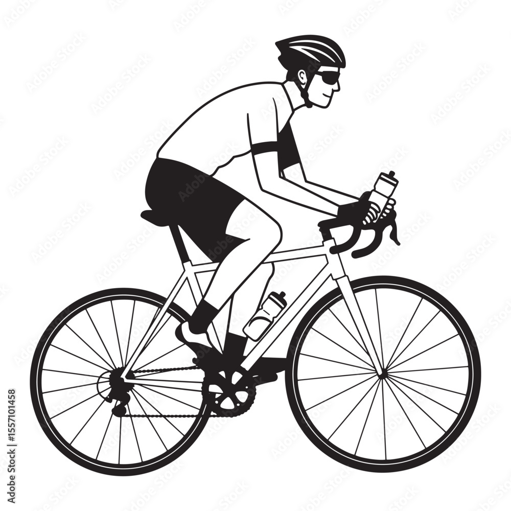 Naklejka premium Black and white line art of a cyclist riding a road bike with water bottles