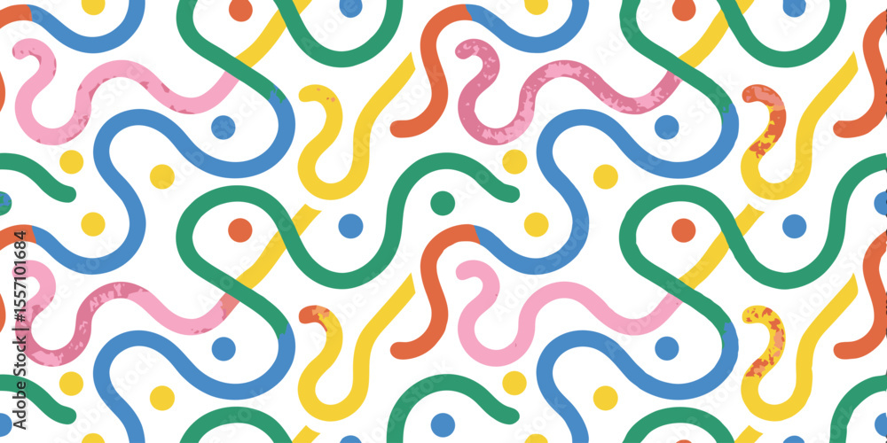 Colorful Wavy Pattern: A vibrant and playful abstract pattern of intertwined colorful squiggly lines and dots, creating a dynamic and visually engaging composition, full of energy and creativity. Colorful Wavy Pattern: A vibrant and playful abstract pattern of intertwined colorful squiggly lines and dots, creating a dynamic and visually engaging composition, full of energy and creativity.