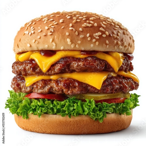 Delicious double cheeseburger with sesame seed bun fresh lettuce tomato and melted cheese beef patties isolated on white background