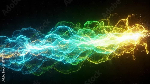 Vibrant abstract light waves in blue, green, and yellow colors create a dynamic visual effect against a dark background, ideal for digital art or technology themes