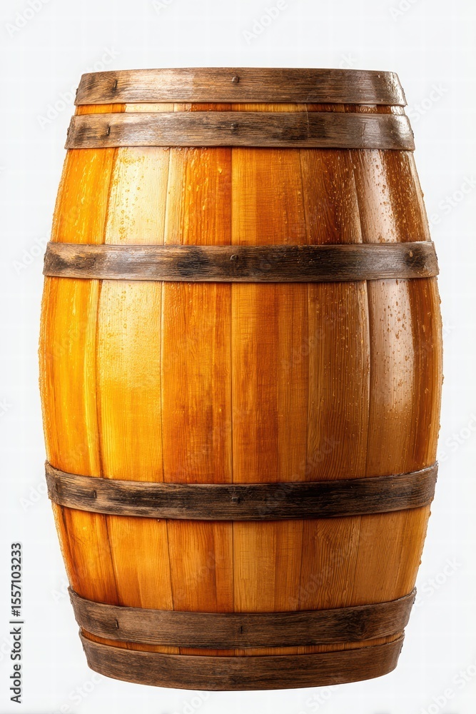 Fototapeta premium Traditional wooden barrel with metal hoops, used for aging wine or whiskey, tall cylindrical shape, polished surface, rustic old-fashioned design, on white background