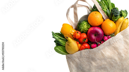 Fototapeta Naklejka Na Ścianę i Meble -  Grocery bag with fresh fruits and vegetables on a white background, top view. Concept of healthy eating or a food delivery service.