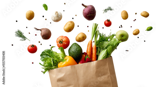 Fototapeta Naklejka Na Ścianę i Meble -  Grocery bag with fresh fruits and vegetables on a white background, top view. Concept of healthy eating or a food delivery service.