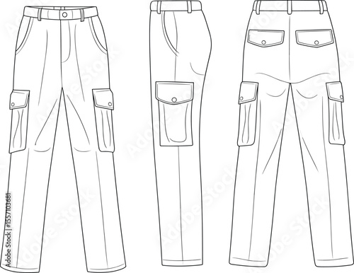 CAD drawing flat vector illustration of men’s cargo shorts, front side and back views, flap pocket detail, seam paneling, technical sketch, stylish garment layout, fashion template