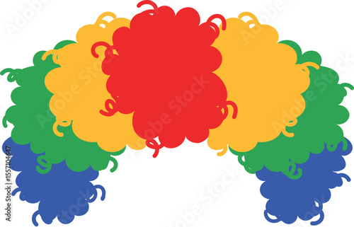 Colorful Curly Clown Wig Illustration, hilarious red, yellow, green, blue hair costume 