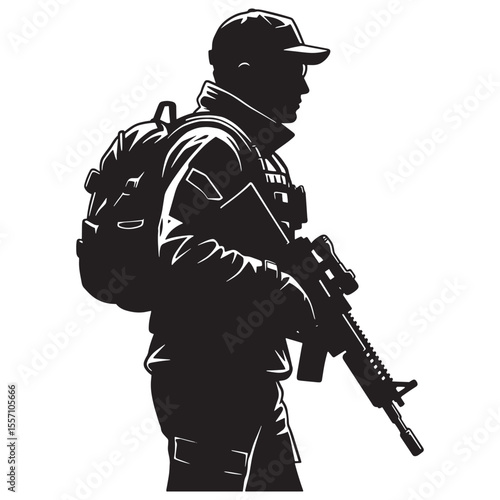 Silhouette of a modern soldier with assault rifle and backpack against a white background