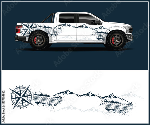 White Truck Decal Design with Mountain and Compass Graphics