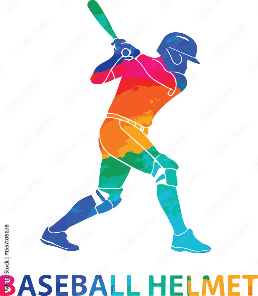 Fototapeta premium Colorful baseball player silhouette with bat in swing position isolated on white background
