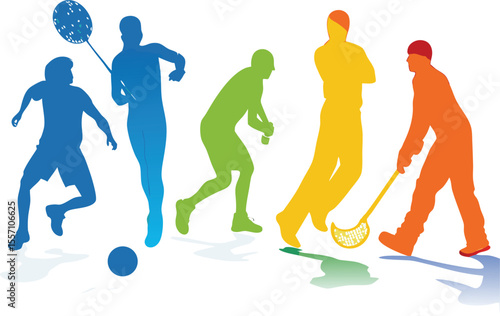 Colorful silhouettes of people participating in various sports activities illustration