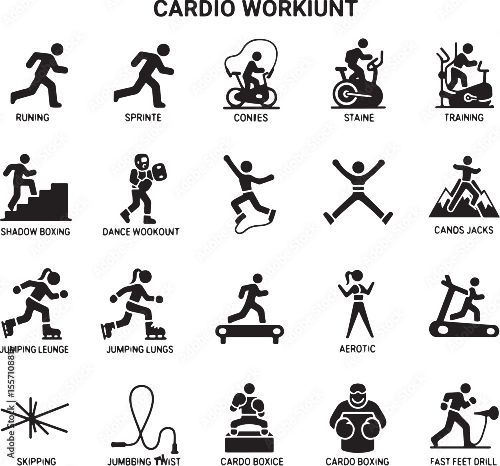 Naklejka premium Collection of black and white silhouette icons representing various cardio exercises and fitness activities