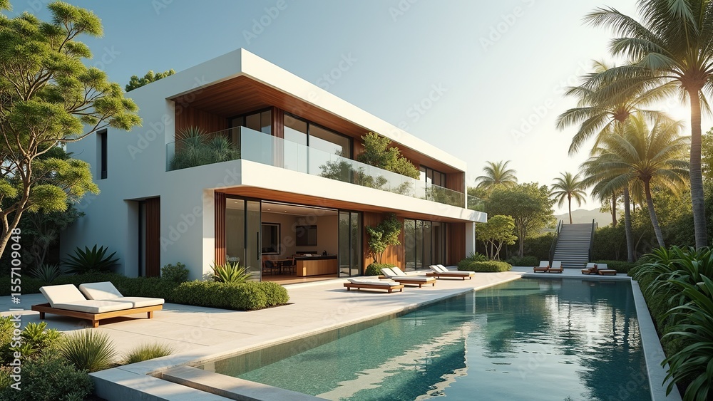 Fototapeta premium Luxurious modern villa featuring a sleek design and inviting pool, set against a backdrop of lush tropical landscaping.