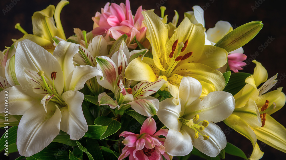 Obraz premium 華やぎを贈るユリとピンクのフラワーアレンジメント