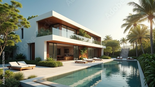 Wallpaper Mural Luxurious modern villa featuring a sleek design and inviting pool, set against a backdrop of lush tropical landscaping. Torontodigital.ca