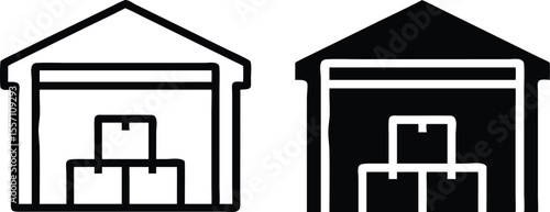 Minimalist Vector Icon of Warehouse with Stacked Boxes in Grayscale Silhouette