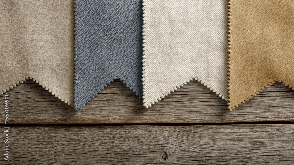 Fototapeta premium Rustic elegance of textured fabric swatches on weathered wood, echoing vintage patchwork artistry and tactile textile narratives
