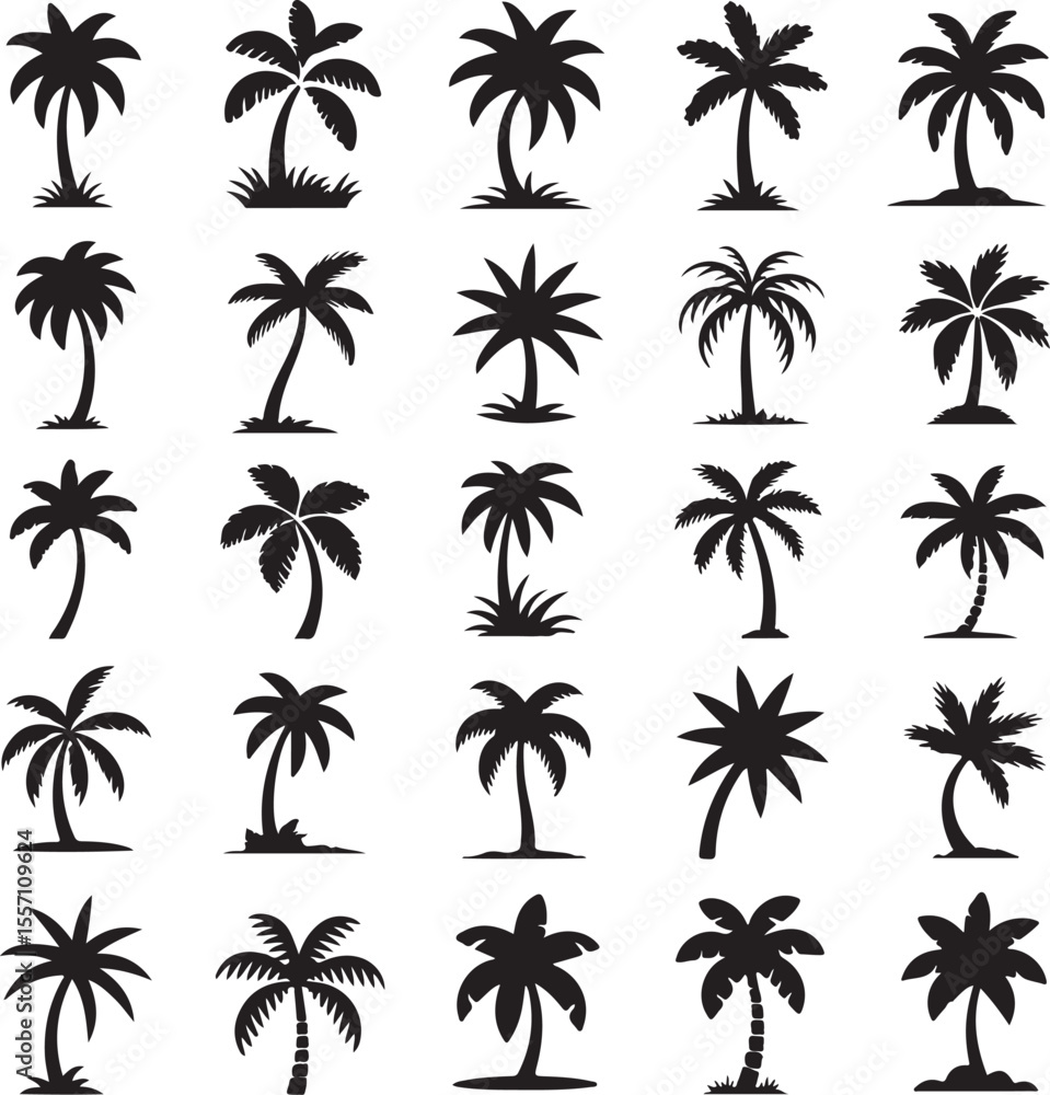 Fototapeta premium Silhouetted Palm Trees A Tropical Collection of Isolated Vector Graphics for Design and Decoration Projects Showcasing Exotic Flora