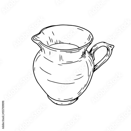 Ceramic jug for water or milk, sketch in black and white ink. Vector illustration. Decanter with a handle for bathroom, insulated on white background. Theme is cuisine, cooking, cafes and restaurants