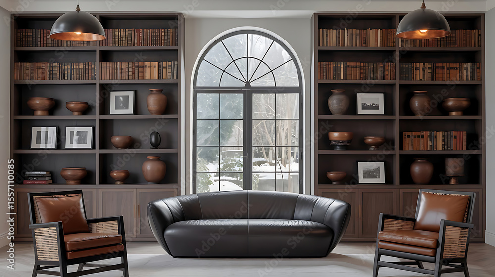 Fototapeta premium Modern Luxury Living Room: Black Leather Sofa, Dark Wood Bookcases, and Earthy Decor.