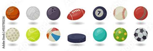 Ball sport. Basketball or volleyball playing. Hockey puck. Tennis shot. Game round objects. Sporting activity. Baseball softball. Rugby training. Soccer competition. Icon flat cartoon. Vector tidy set