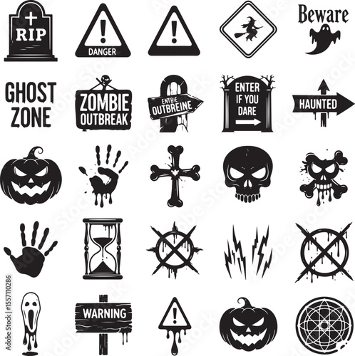 Collection of black and white Halloween and horror themed graphic icons and signs