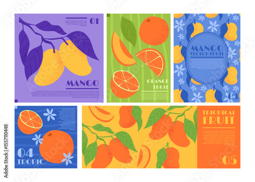 Fruit Italian. Seamless pattern with mango, oranges and peaches with leaves. Food fruitage posters, floral Mediterranean postcard design. Doodle geometric label. Vector summer garish isolated set