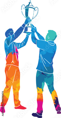 Two people celebratory silhouette holding a trophy cup in a symbolic gesture of victory