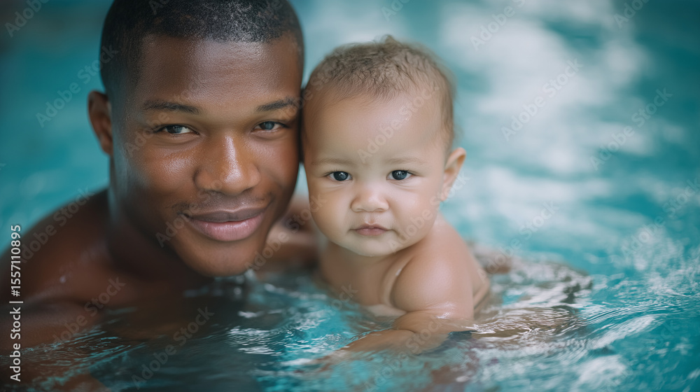 A tender moment of a father swimming with his baby A tender moment of a father swimming with his baby