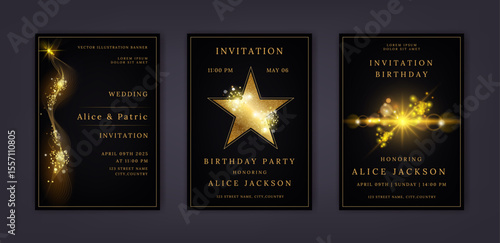 Gala card background. Elegant firework sparkle. Glitter gold texture. Wedding celebration. Glow element for anniversary. Shine in dark. Birthday party. Golden sparkle. Vector invitation posters set