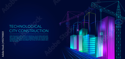 City building. Future technology. Digital AI abstract innovations. Architecture site 3D background. Smart cube concept for tech. Wireframe crane. Architect structure. Vector construction line banner