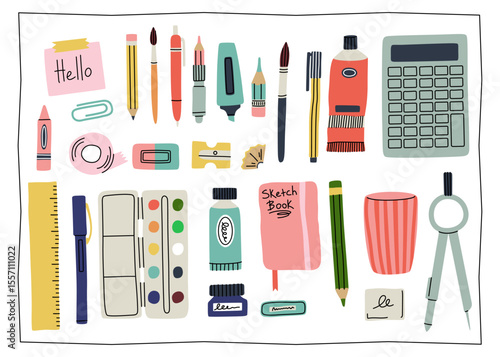 Artwork accessories. Drawing instruments, artist implements. Notebook, paint palette, scissors and pencil. Stationery objects. Vector creativity design elements, cartoon flat isolated illustration