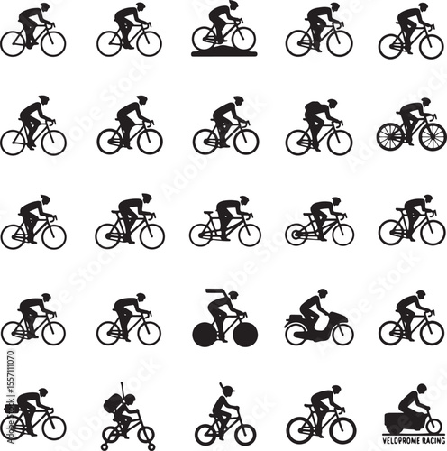 Collection of black silhouette icons of cyclists in various poses and styles cycling