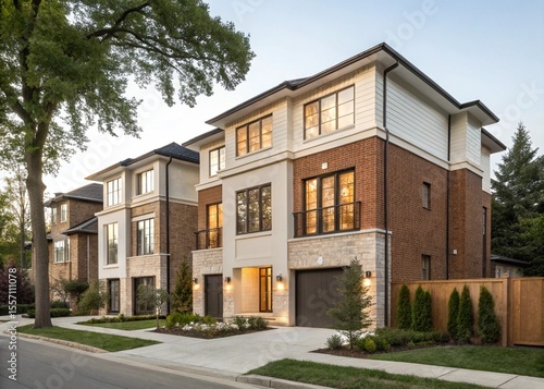 A modern townhouse with a clean architectural design, two to three stories high, featuring large windows, a brick or wood façade, and a small front yard or garden.