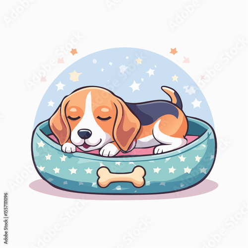 A charming canine graphic presents a sleeping beagle in a cozy dog bed, perfect for pet-themed designs and adorable cartoon applications.