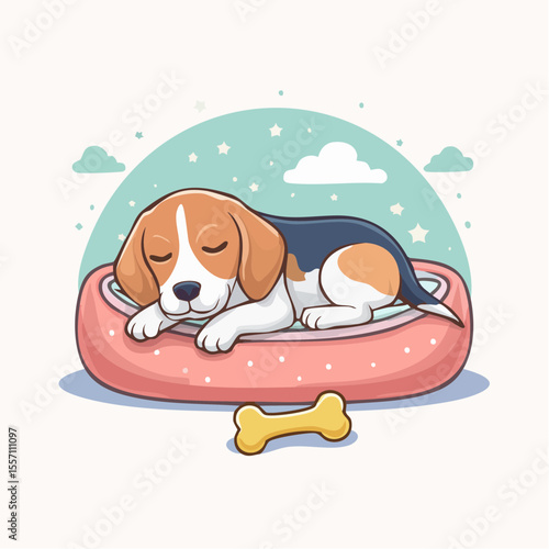 An adorable beagle puppy peacefully rests in its bed with a bone, creating a heartwarming and comforting design.