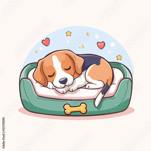 A charming beagle puppy rests peacefully in its cozy bed, surrounded by stars and hearts, a delightful graphic element for various designs.
