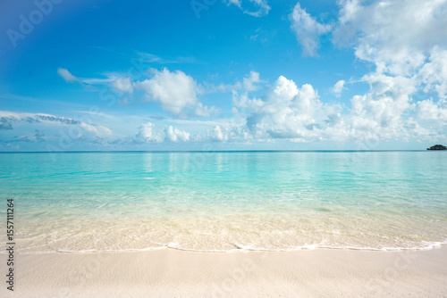 Fototapeta Naklejka Na Ścianę i Meble -  Beautiful summer sandy beach with white sand and calm wave of turquoise ocean on sunny day. Background for rest and travel.